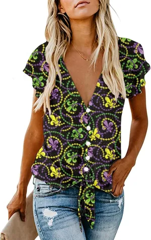 Women's Sexy Tie Front Button Flutter Sleeve Red White Blue Patriotic American Flag Holiday Blouse Tops