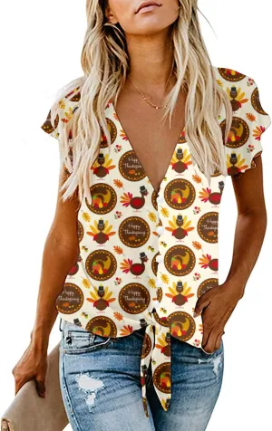 Women's Sexy Tie Front Button Flutter Sleeve Red White Blue Patriotic American Flag Holiday Blouse Tops