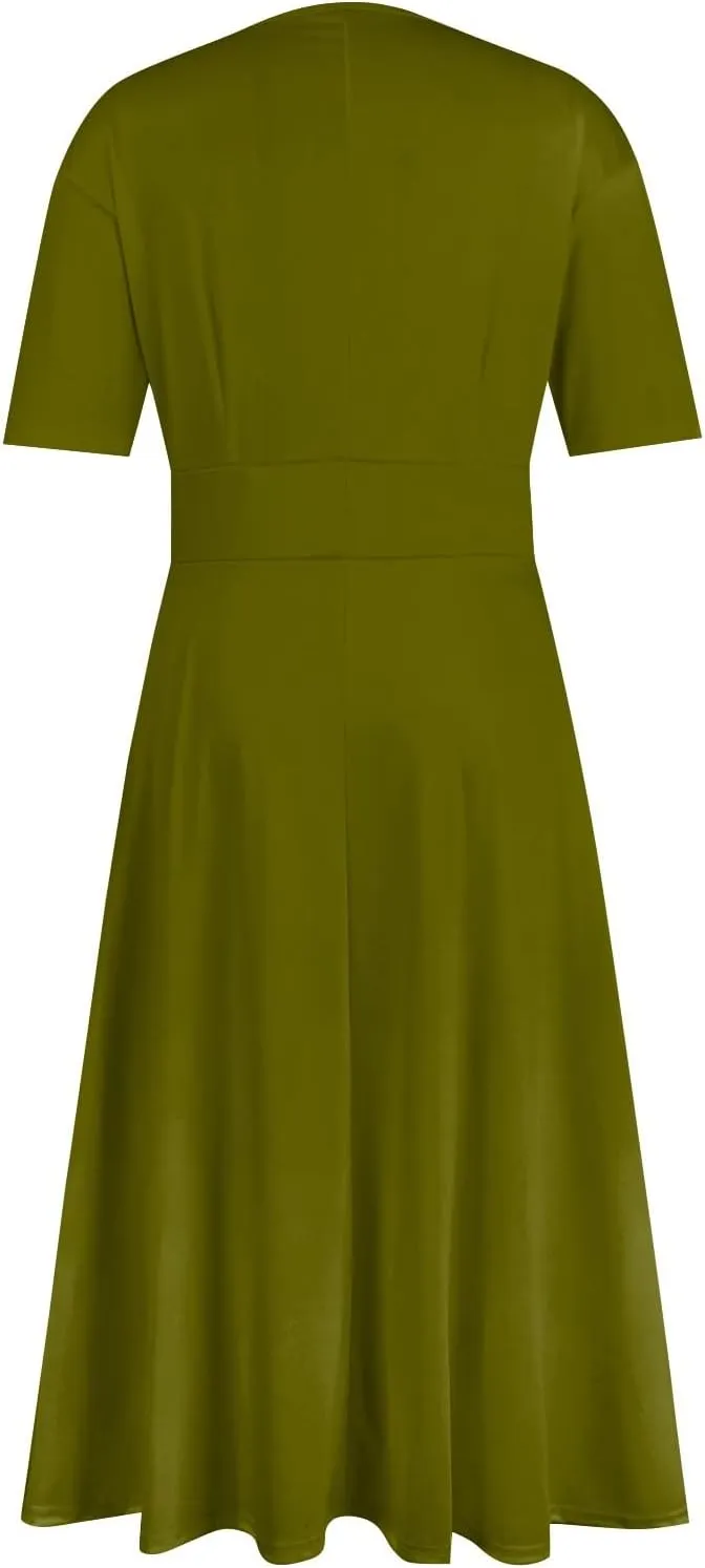 Womens Short Sleeve Dress Casual Solid Color V Neck Boho Dresss Loose Flowy 2024 Spring Summer Trendy Dresses
