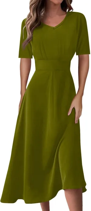 Womens Short Sleeve Dress Casual Solid Color V Neck Boho Dresss Loose Flowy 2024 Spring Summer Trendy Dresses
