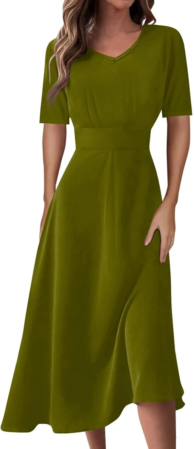 Womens Short Sleeve Dress Casual Solid Color V Neck Boho Dresss Loose Flowy 2024 Spring Summer Trendy Dresses