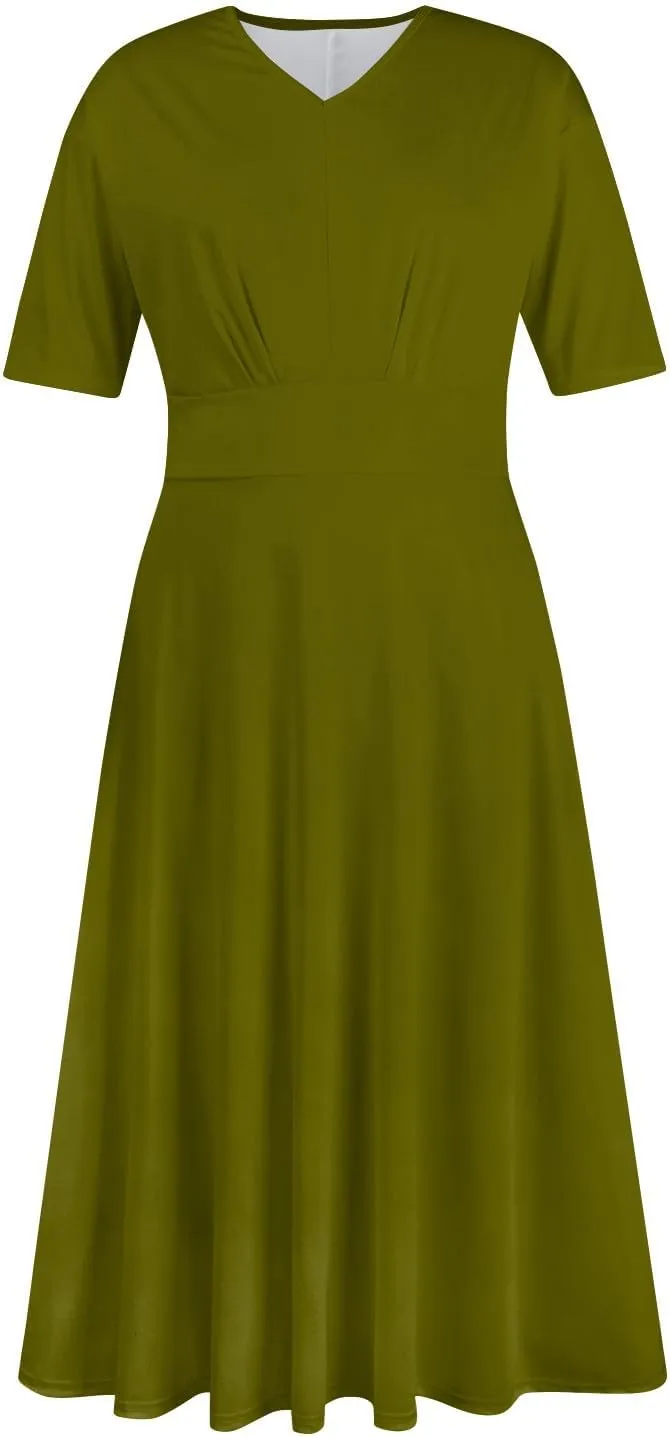 Womens Short Sleeve Dress Casual Solid Color V Neck Boho Dresss Loose Flowy 2024 Spring Summer Trendy Dresses