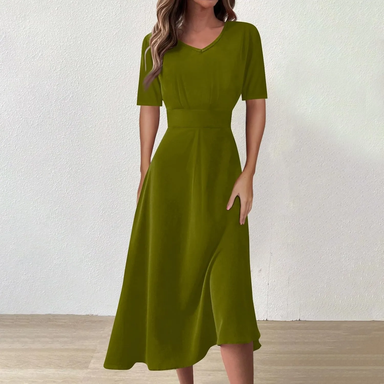 Womens Short Sleeve Dress Casual Solid Color V Neck Boho Dresss Loose Flowy 2024 Spring Summer Trendy Dresses