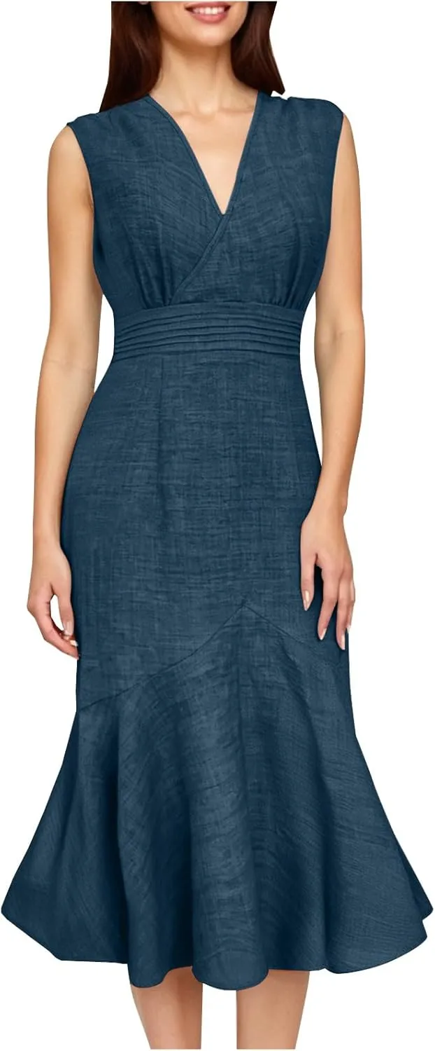 Women's Sleeveless Casual Mermaid Midi Dress, Loose V-Neck Summer Party Trendy Clothes High Waist Slim Fit Dresses