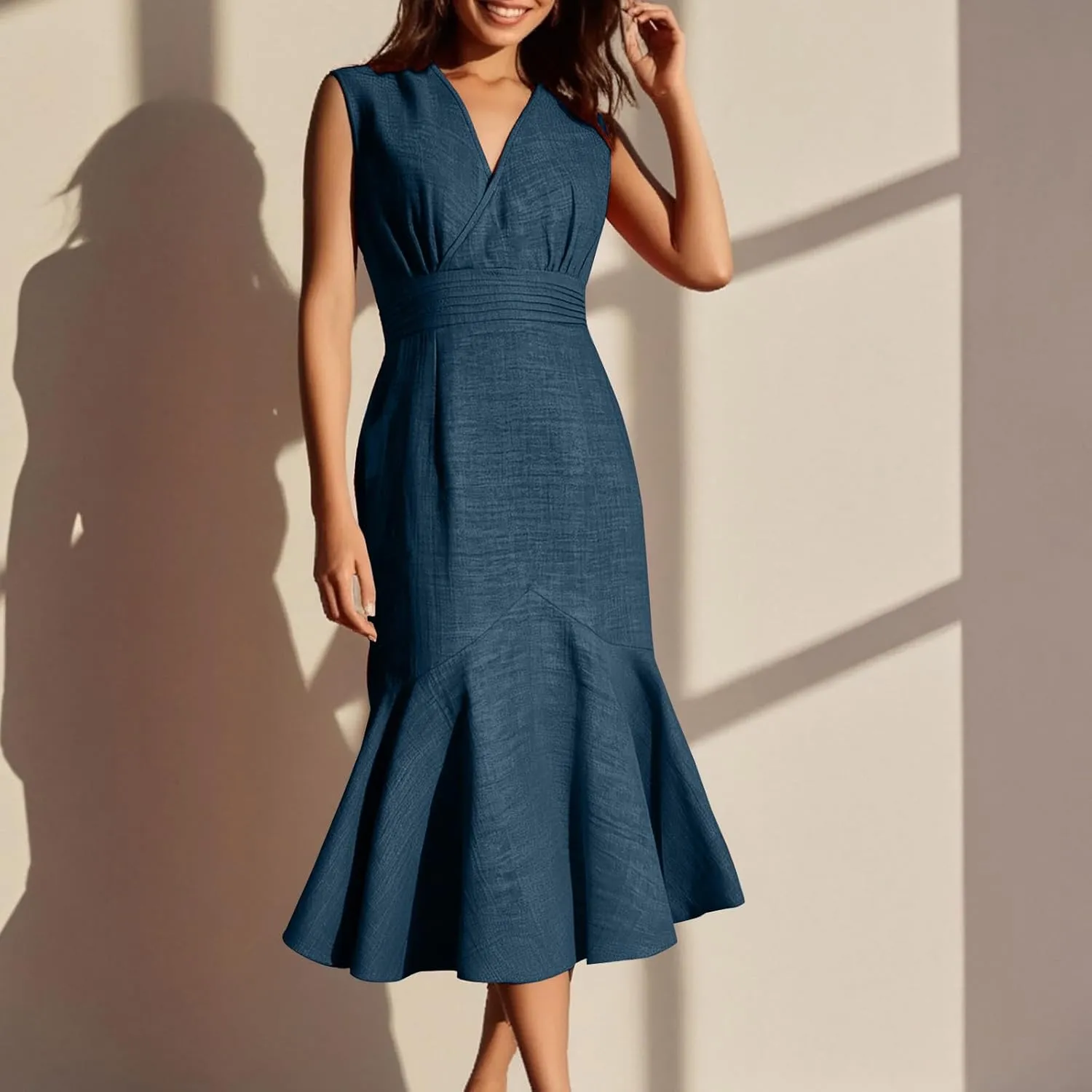 Women's Sleeveless Casual Mermaid Midi Dress, Loose V-Neck Summer Party Trendy Clothes High Waist Slim Fit Dresses