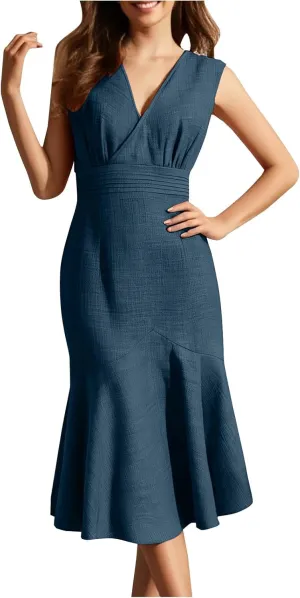 Women's Sleeveless Casual Mermaid Midi Dress, Loose V-Neck Summer Party Trendy Clothes High Waist Slim Fit Dresses