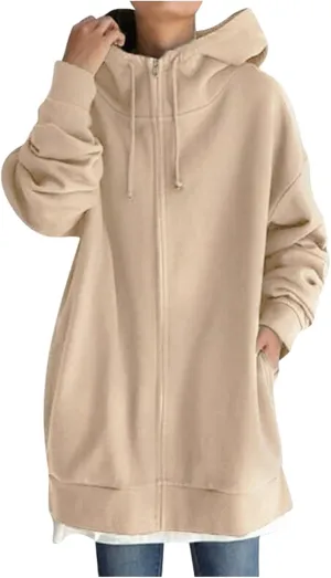 Womens Solid Color Street Style Hooded Long Zipper Sweatshirt With Fleece All Sweatshirt