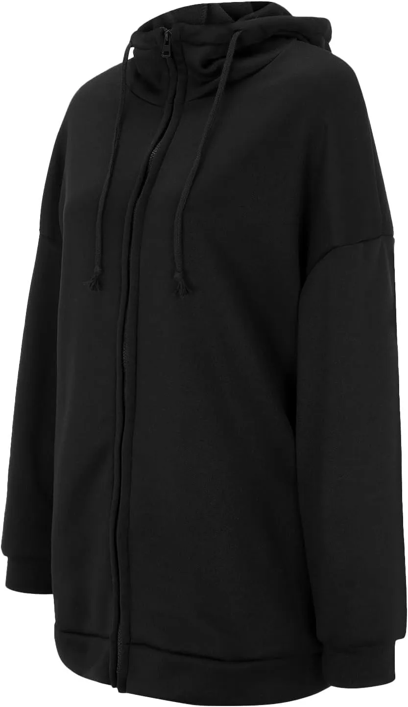 Womens Solid Color Street Style Hooded Long Zipper Sweatshirt With Fleece All Sweatshirt