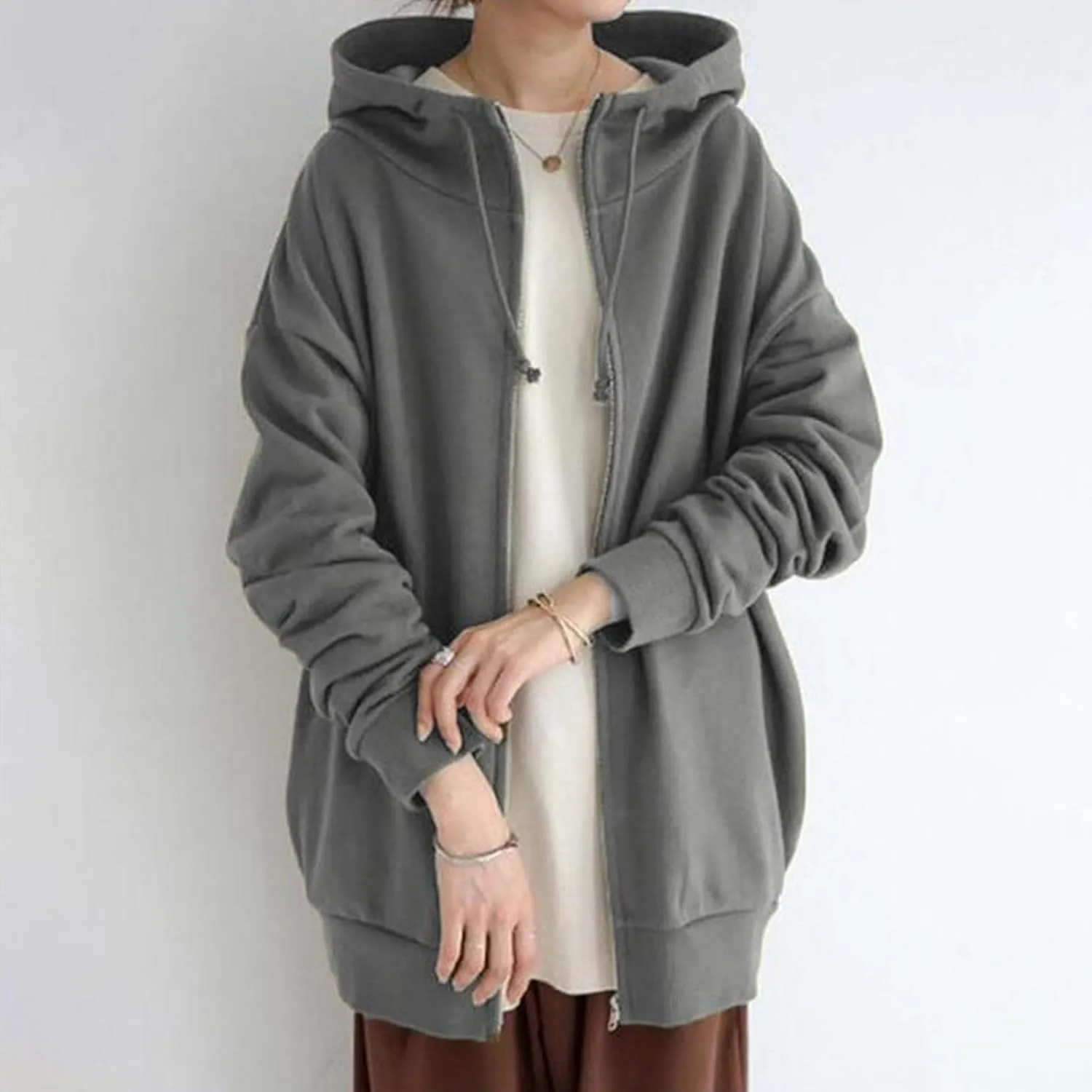 Womens Solid Color Street Style Hooded Long Zipper Sweatshirt With Fleece All Sweatshirt