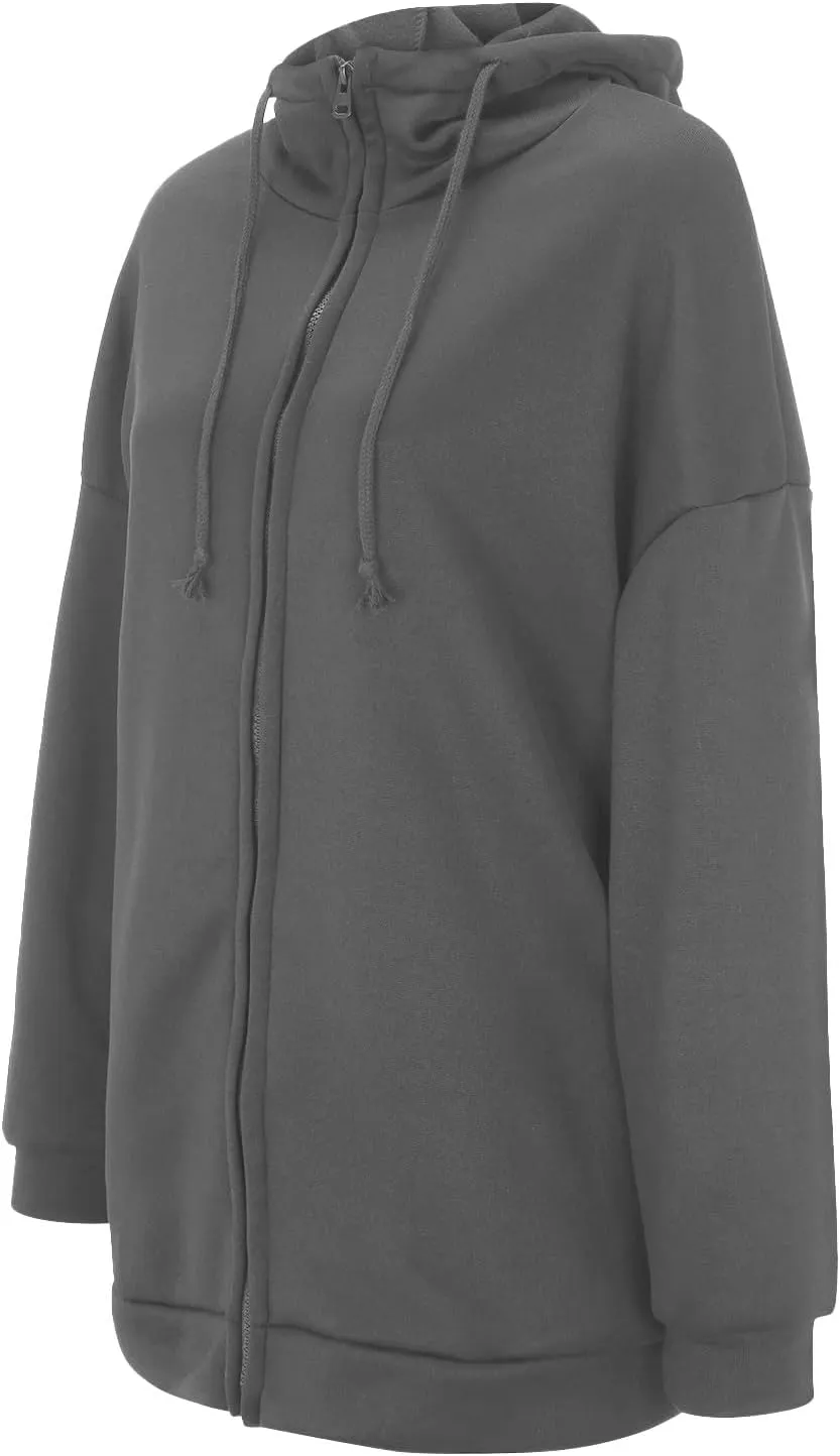 Womens Solid Color Street Style Hooded Long Zipper Sweatshirt With Fleece All Sweatshirt