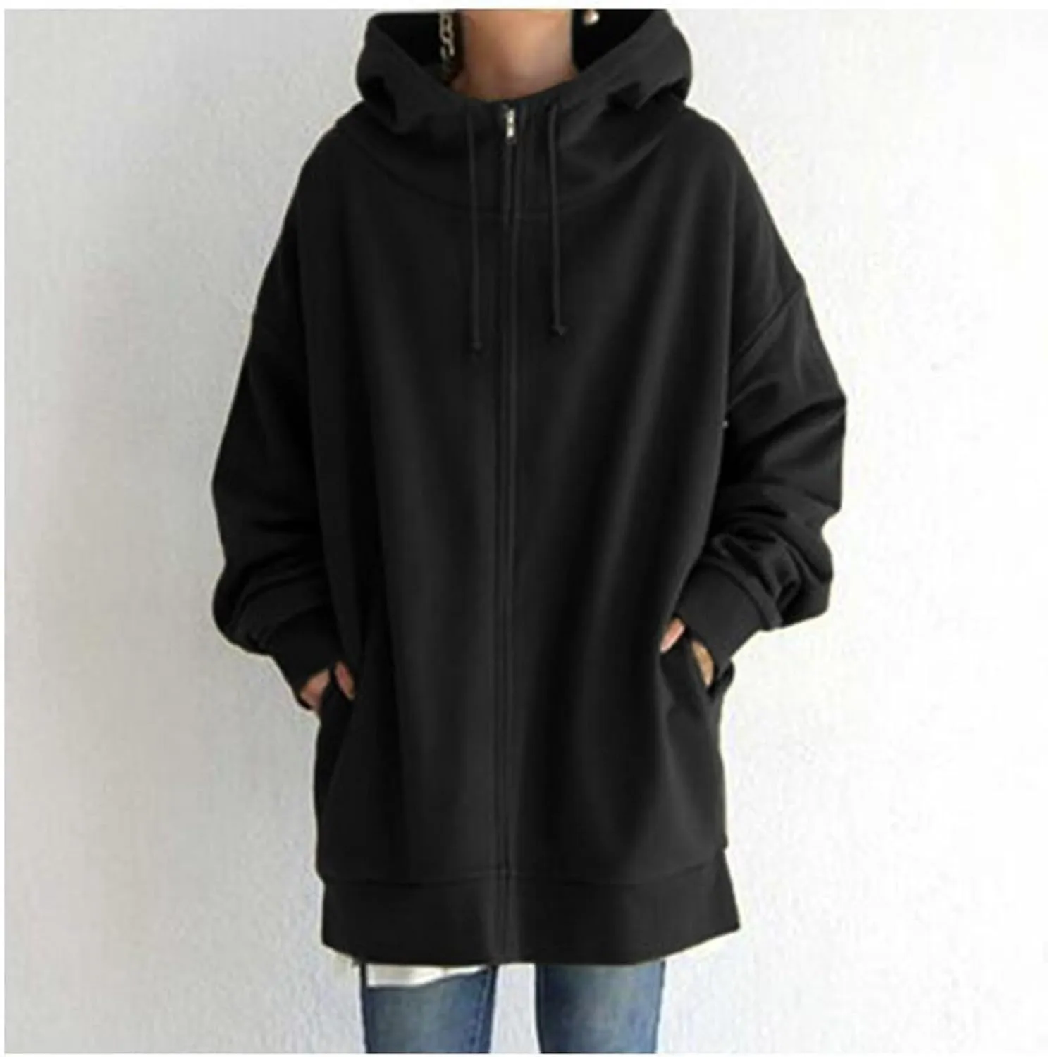 Womens Solid Color Street Style Hooded Long Zipper Sweatshirt With Fleece All Sweatshirt