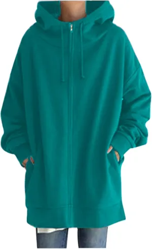 Womens Solid Color Street Style Hooded Long Zipper Sweatshirt With Fleece All Sweatshirt