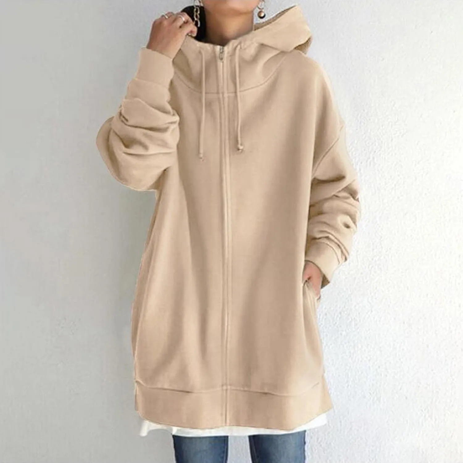 Womens Solid Color Street Style Hooded Long Zipper Sweatshirt With Fleece All Sweatshirt
