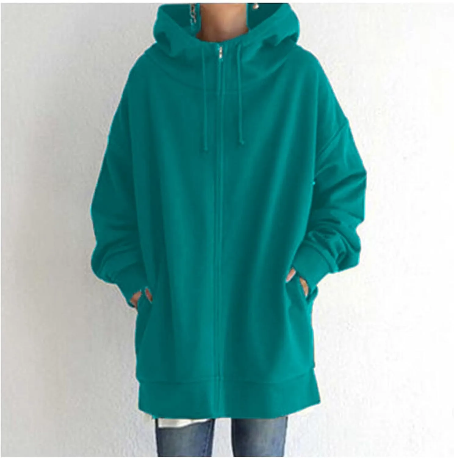 Womens Solid Color Street Style Hooded Long Zipper Sweatshirt With Fleece All Sweatshirt