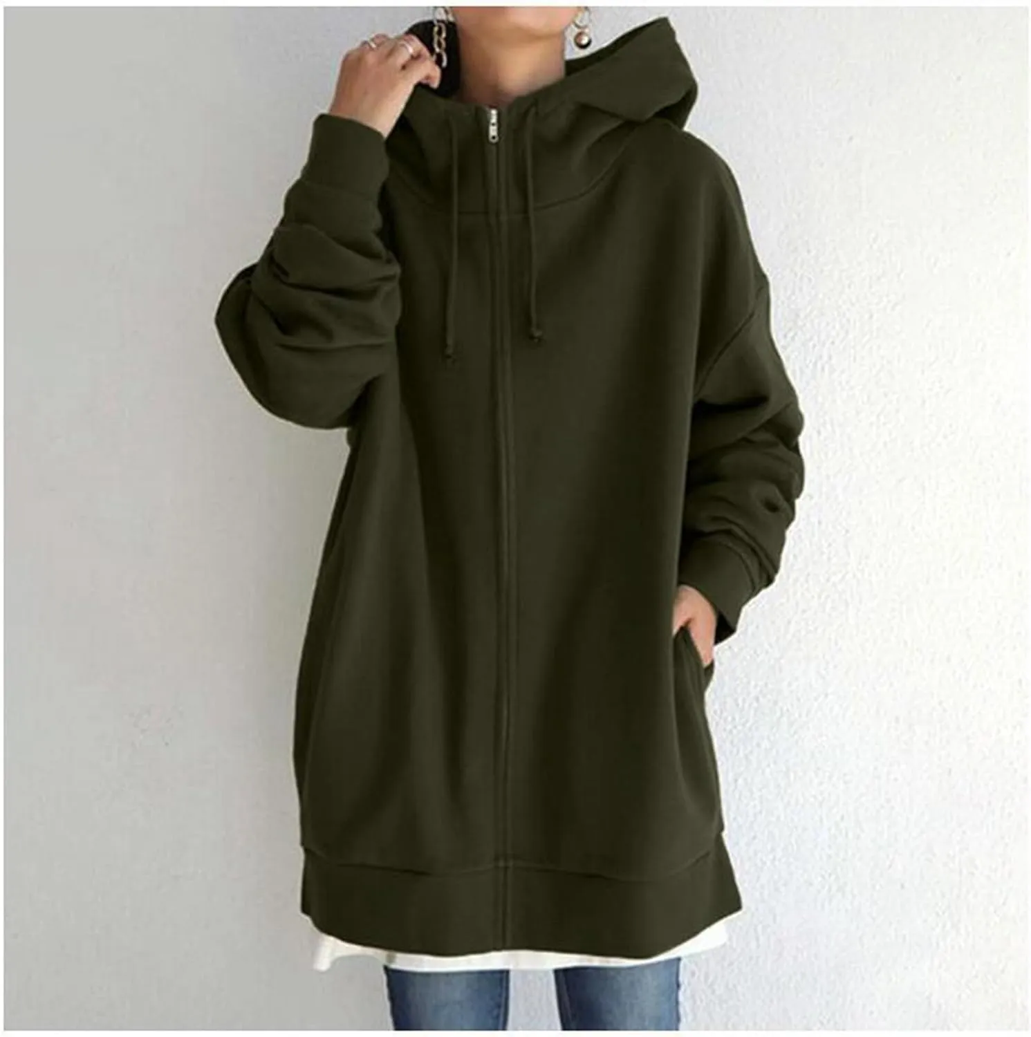 Womens Solid Color Street Style Hooded Long Zipper Sweatshirt With Fleece All Sweatshirt