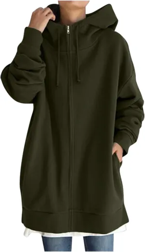 Womens Solid Color Street Style Hooded Long Zipper Sweatshirt With Fleece All Sweatshirt
