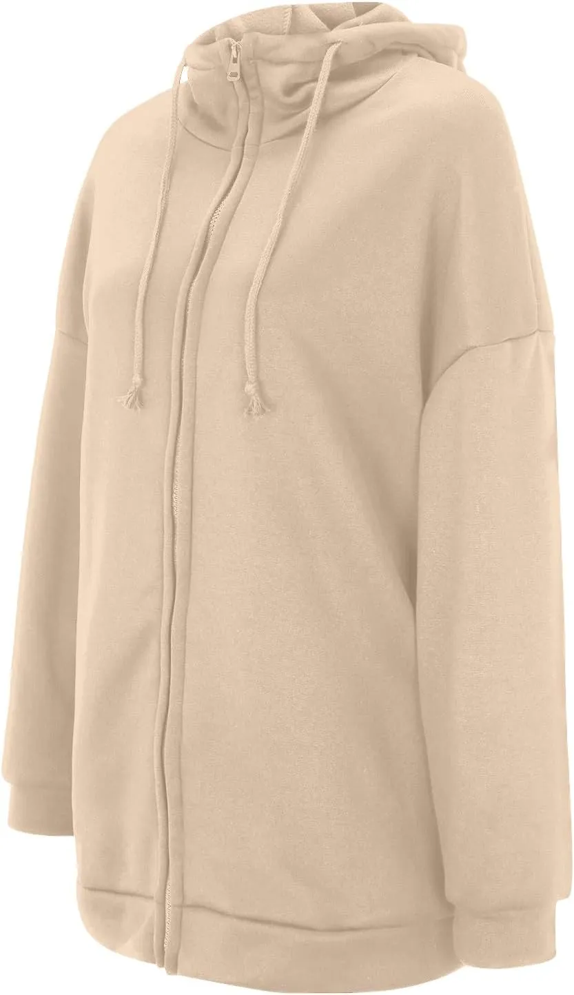 Womens Solid Color Street Style Hooded Long Zipper Sweatshirt With Fleece All Sweatshirt