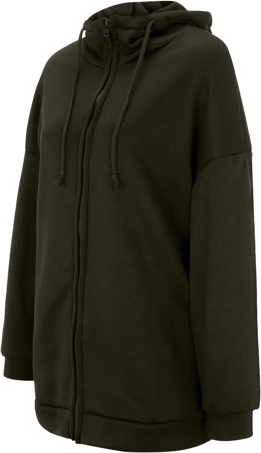 Womens Solid Color Street Style Hooded Long Zipper Sweatshirt With Fleece All Sweatshirt