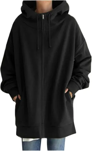 Womens Solid Color Street Style Hooded Long Zipper Sweatshirt With Fleece All Sweatshirt