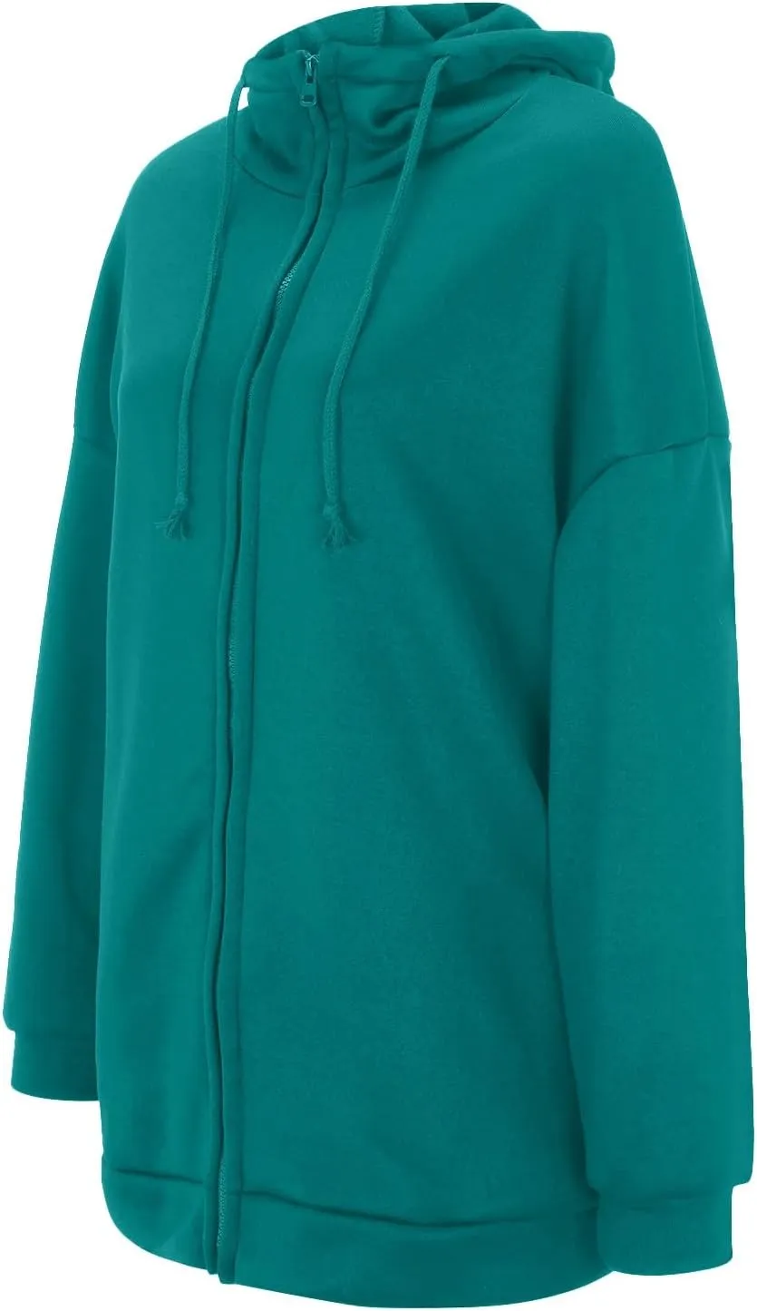 Womens Solid Color Street Style Hooded Long Zipper Sweatshirt With Fleece All Sweatshirt