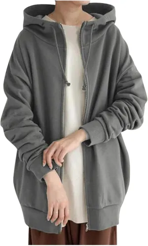 Womens Solid Color Street Style Hooded Long Zipper Sweatshirt With Fleece All Sweatshirt