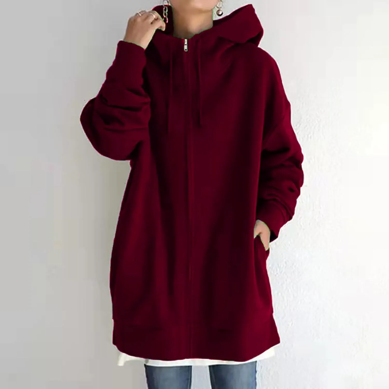 Womens Solid Color Street Style Hooded Long Zipper Sweatshirt With Fleece Long Loose Sweatshirts Women