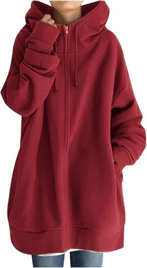 Womens Solid Color Street Style Hooded Long Zipper Sweatshirt With Fleece Long Loose Sweatshirts Women