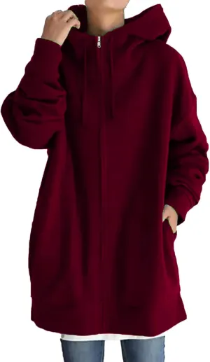 Womens Solid Color Street Style Hooded Long Zipper Sweatshirt With Fleece Long Loose Sweatshirts Women