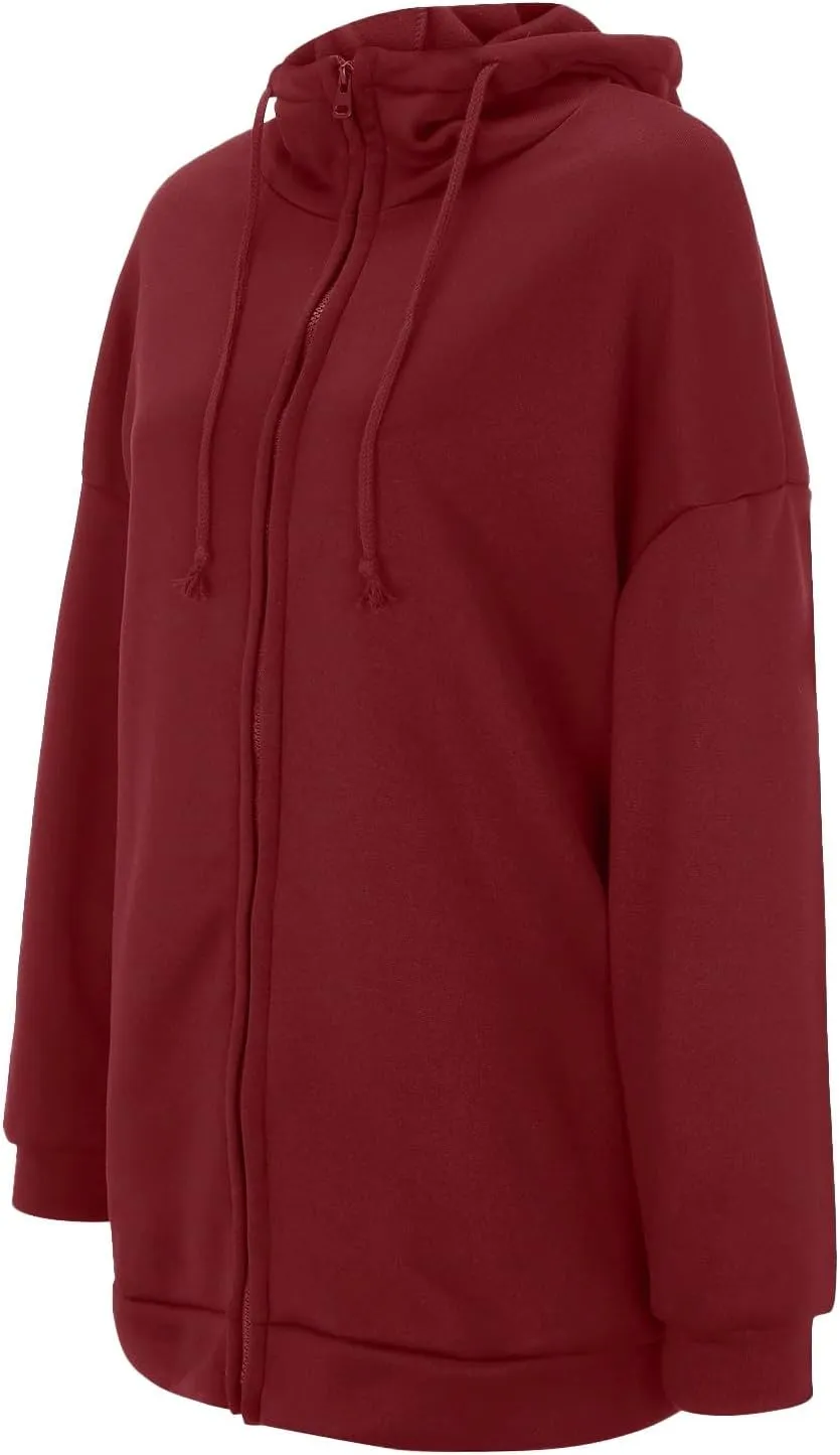 Womens Solid Color Street Style Hooded Long Zipper Sweatshirt With Fleece Long Loose Sweatshirts Women