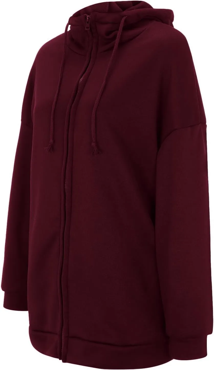 Womens Solid Color Street Style Hooded Long Zipper Sweatshirt With Fleece Long Loose Sweatshirts Women