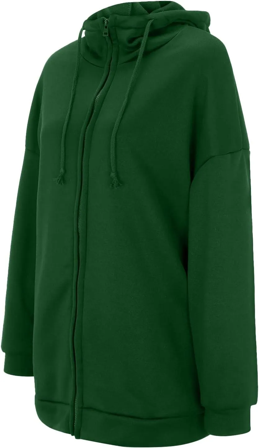 Womens Solid Color Street Style Hooded Long Zipper Sweatshirt With Fleece Long Loose Sweatshirts Women