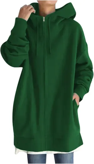 Womens Solid Color Street Style Hooded Long Zipper Sweatshirt With Fleece Long Loose Sweatshirts Women
