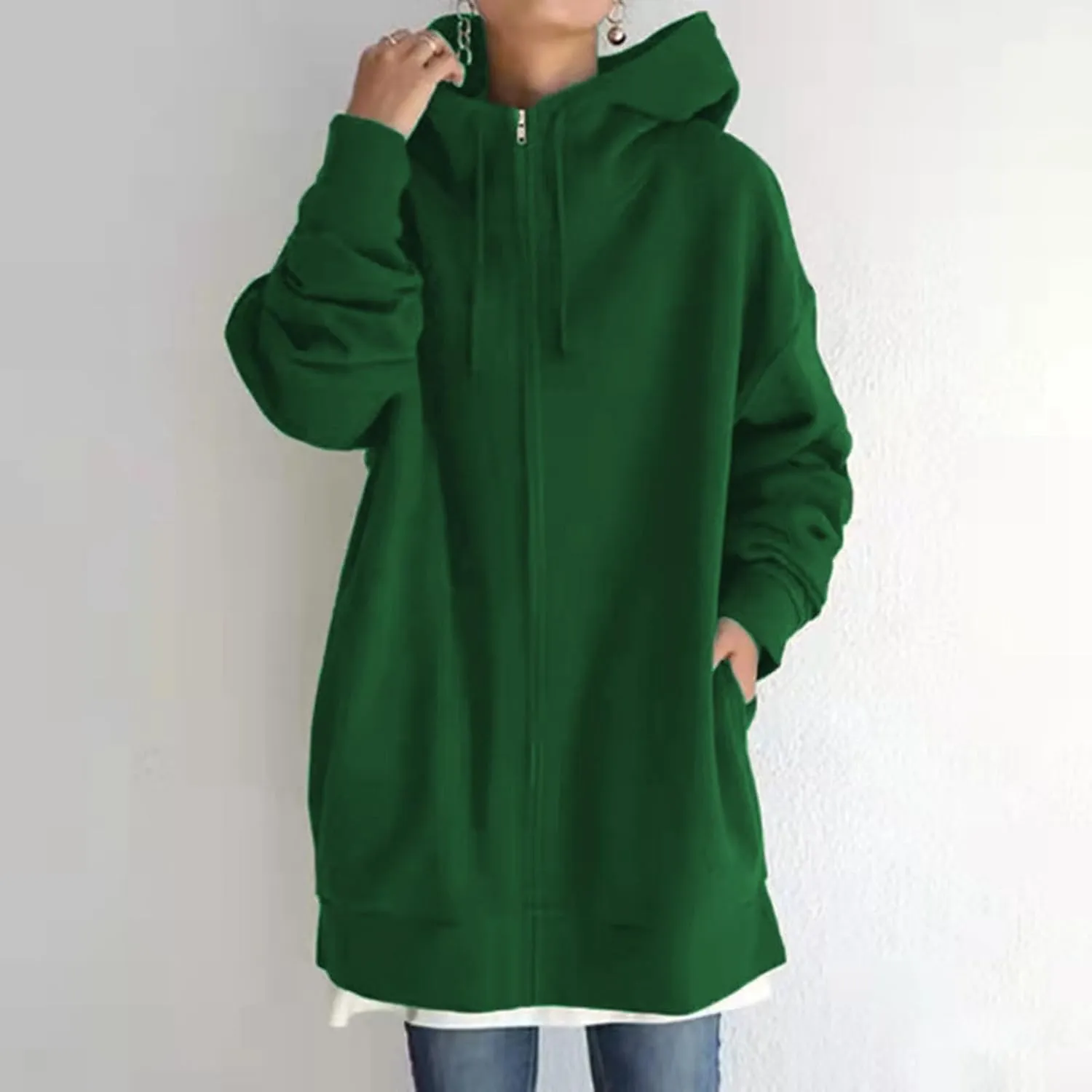 Womens Solid Color Street Style Hooded Long Zipper Sweatshirt With Fleece Long Loose Sweatshirts Women