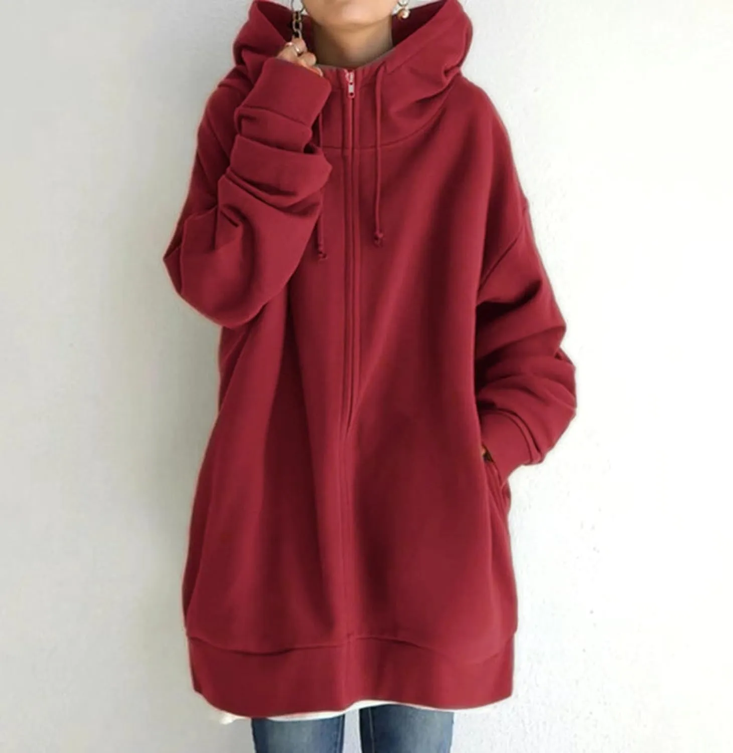 Womens Solid Color Street Style Hooded Long Zipper Sweatshirt With Fleece Long Loose Sweatshirts Women
