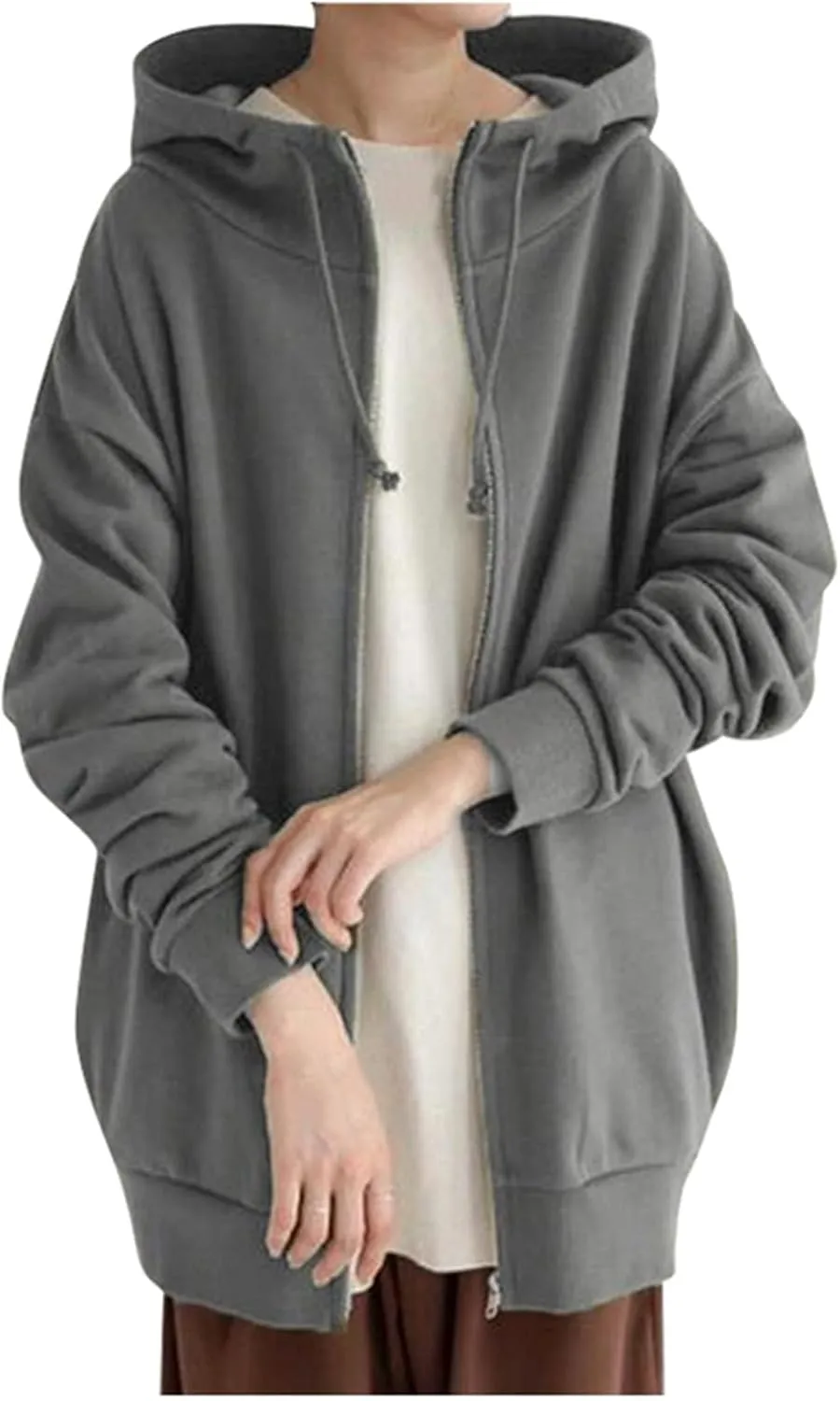 Womens Solid Color Street Style Hooded Long Zipper Sweatshirt With Fleece Oversized Hoodie Sweatshirt