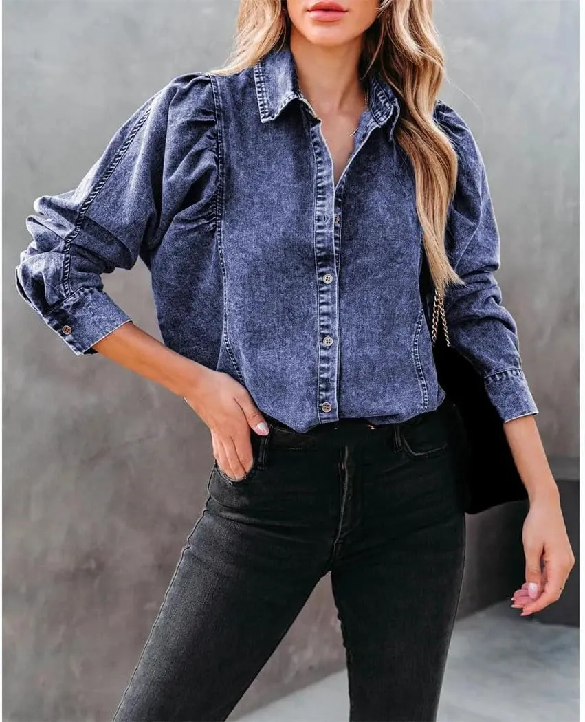 Women's Spring Autumn Lapel Casual Fashion Street Style Denim Shirt, Loose Single Breasted Denim Shirt Jacket