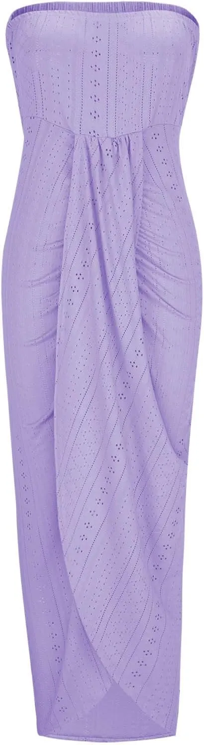 Women's Strapless Ruched Tube Dress High Waist Wrap Split Front Asymmetrical Hollow Out Eyelet Beach Party Maxi Dresses