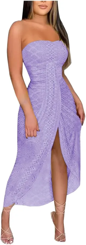 Women's Strapless Ruched Tube Dress High Waist Wrap Split Front Asymmetrical Hollow Out Eyelet Beach Party Maxi Dresses