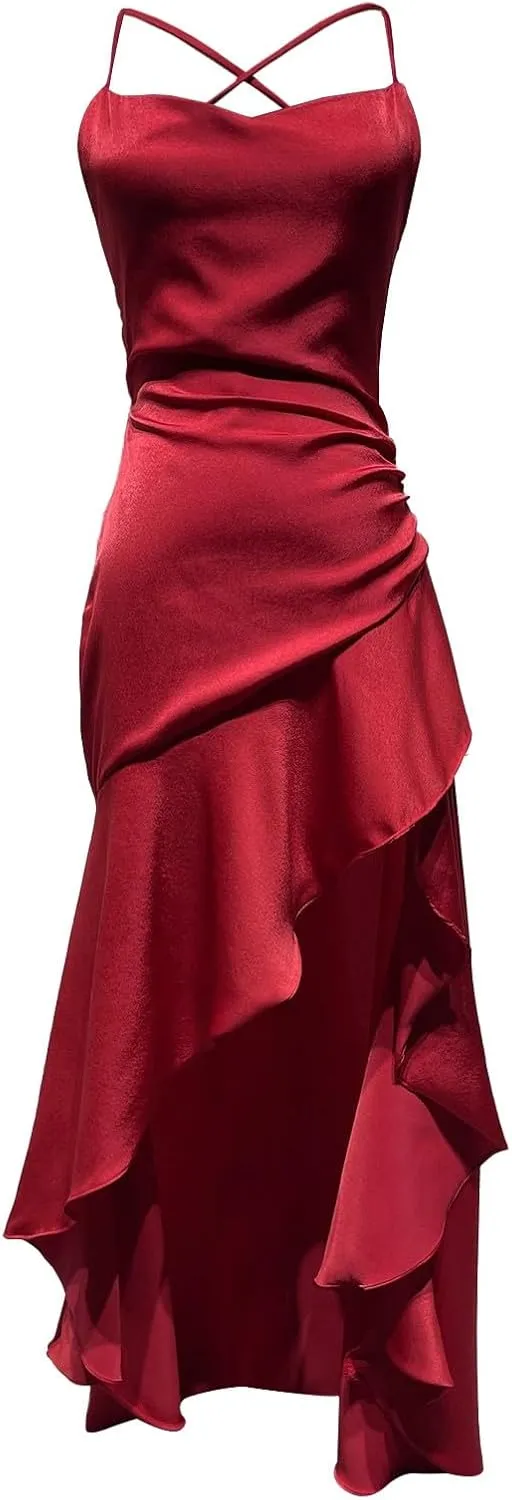 Women's Summer Bodycon Maxi Dress Spaghetti Strap Sleeveless Ruffle Mermaid Cocktail Formal Wedding Guest Long Dresses