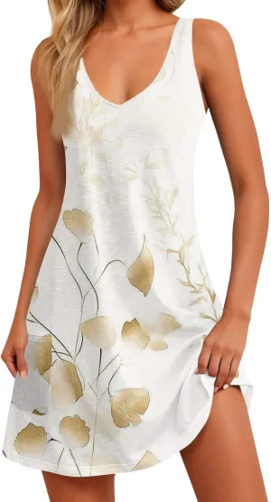 Women's Summer Dresses 2025 Printed Swimsuit Coverup Beach Vacation Sundress Sleeveless Casual Dress with Pocket