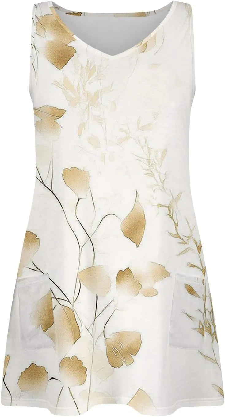 Women's Summer Dresses 2025 Printed Swimsuit Coverup Beach Vacation Sundress Sleeveless Casual Dress with Pocket