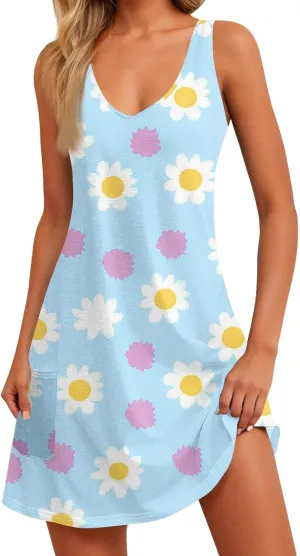 Womens Summer Dresses 2025 Vacation Dress with Pocket Printed V Neck Swimsuit Coverup Casual Sleeveless Sundress