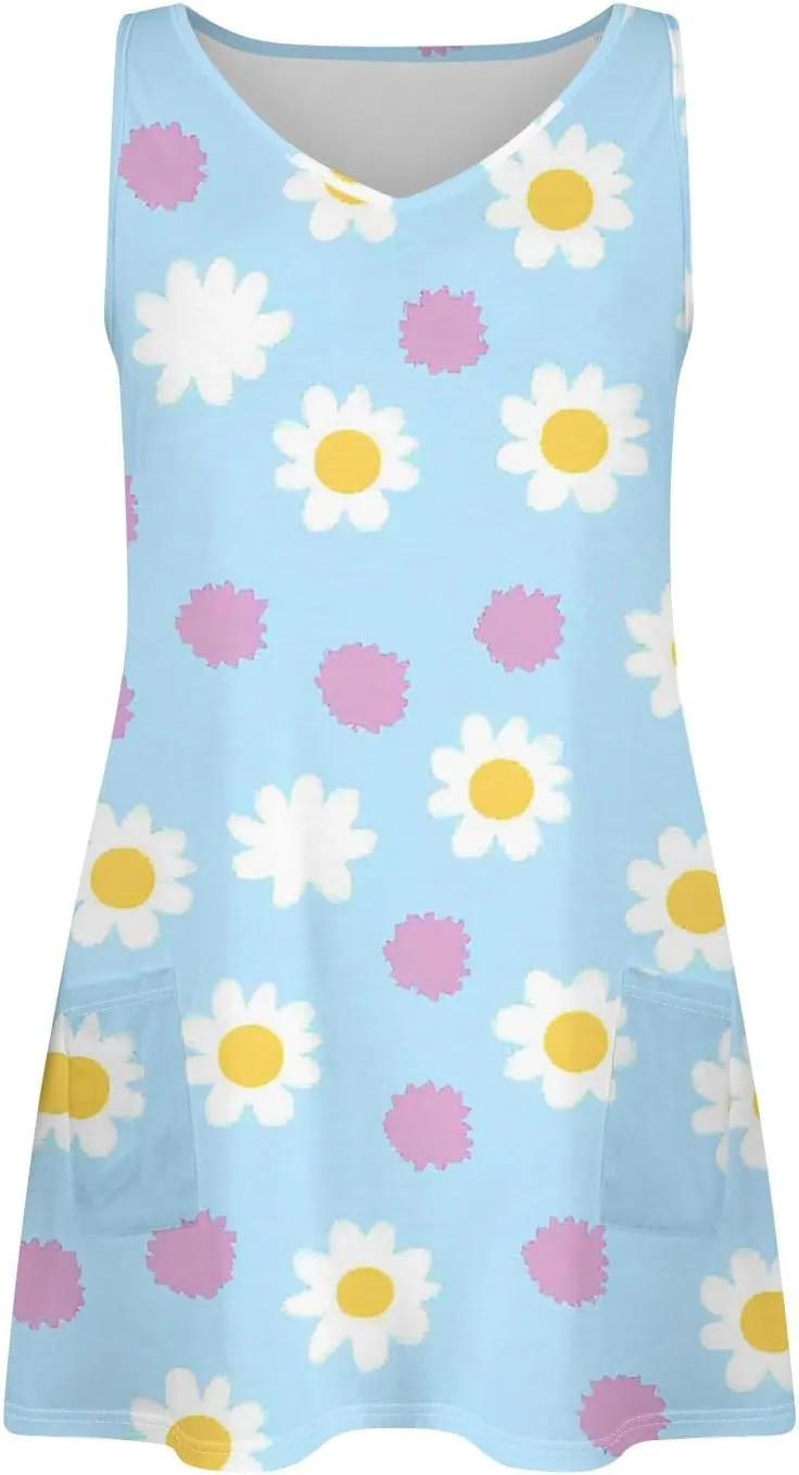 Womens Summer Dresses 2025 Vacation Dress with Pocket Printed V Neck Swimsuit Coverup Casual Sleeveless Sundress