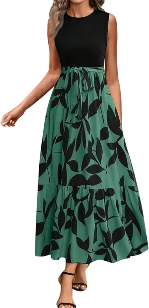 Women's Summer Sleeveless Maxi Dress 2025 Casual Crewneck Pleated Flowy Long Dress High Waisted Belted Ruffle Sundress