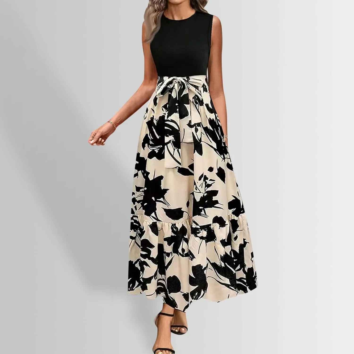 Women's Summer Sleeveless Maxi Dress 2025 Casual Crewneck Pleated Flowy Long Dress High Waisted Belted Ruffle Sundress