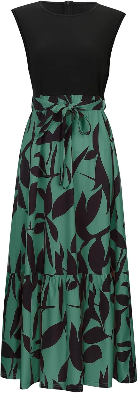 Women's Summer Sleeveless Maxi Dress 2025 Casual Crewneck Pleated Flowy Long Dress High Waisted Belted Ruffle Sundress