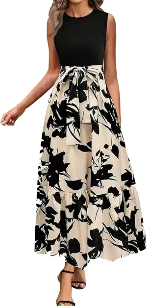 Women's Summer Sleeveless Maxi Dress 2025 Casual Crewneck Pleated Flowy Long Dress High Waisted Belted Ruffle Sundress