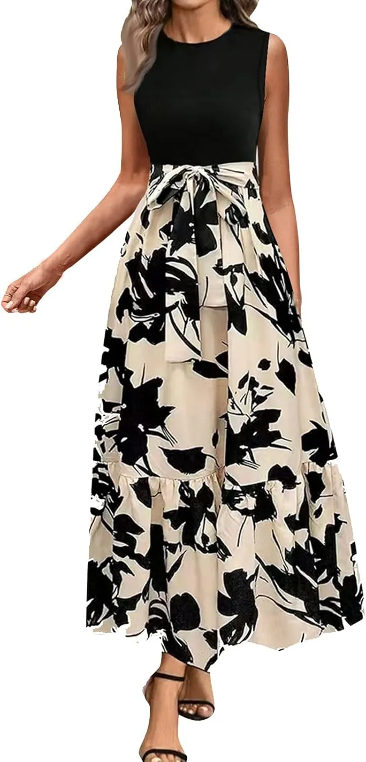 Women's Summer Sleeveless Maxi Dress 2025 Casual Crewneck Pleated Flowy Long Dress High Waisted Belted Ruffle Sundress
