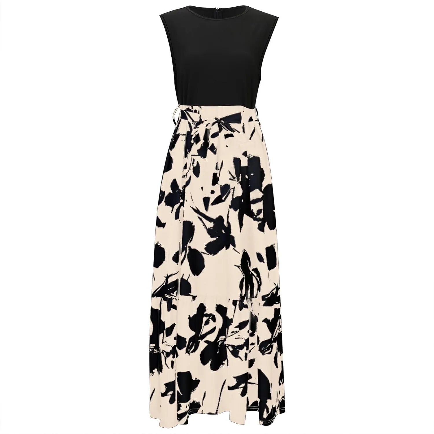 Women's Summer Sleeveless Maxi Dress 2025 Casual Crewneck Pleated Flowy Long Dress High Waisted Belted Ruffle Sundress
