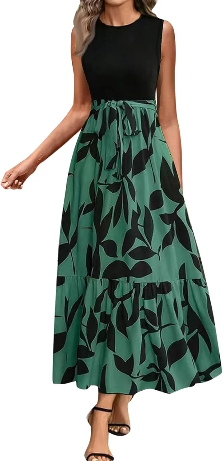Women's Summer Sleeveless Maxi Dress 2025 Casual Crewneck Pleated Flowy Long Dress High Waisted Belted Ruffle Sundress